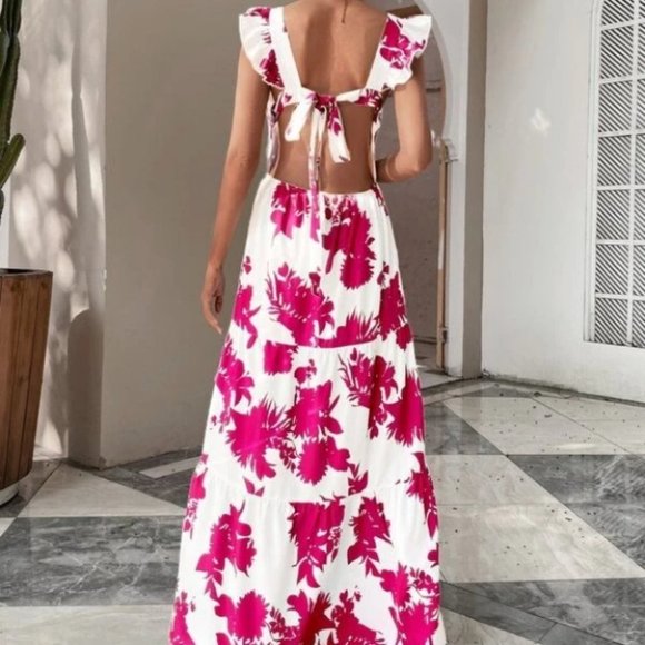 pink floral butterfly sleeve ruffle hem tie back dress - Picture 8 of 8